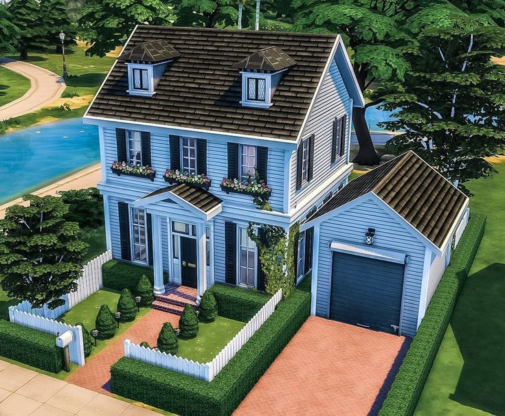 this is an artist's rendering of a blue house in the country side yard