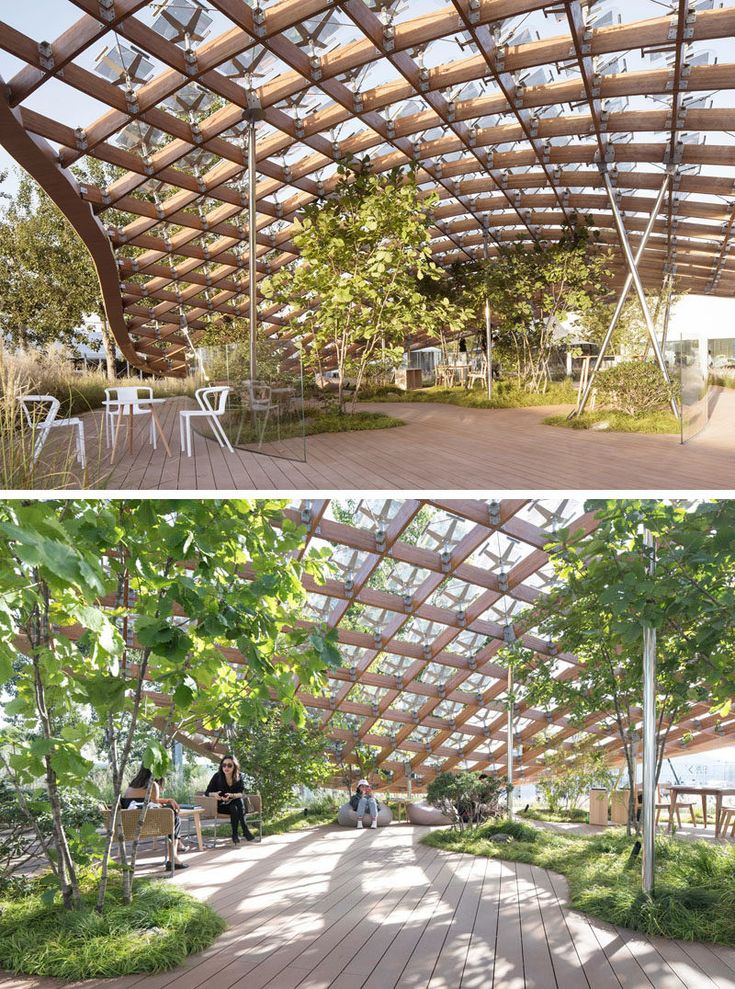 two images show the inside and outside of an open air pavilion, with people sitting at tables