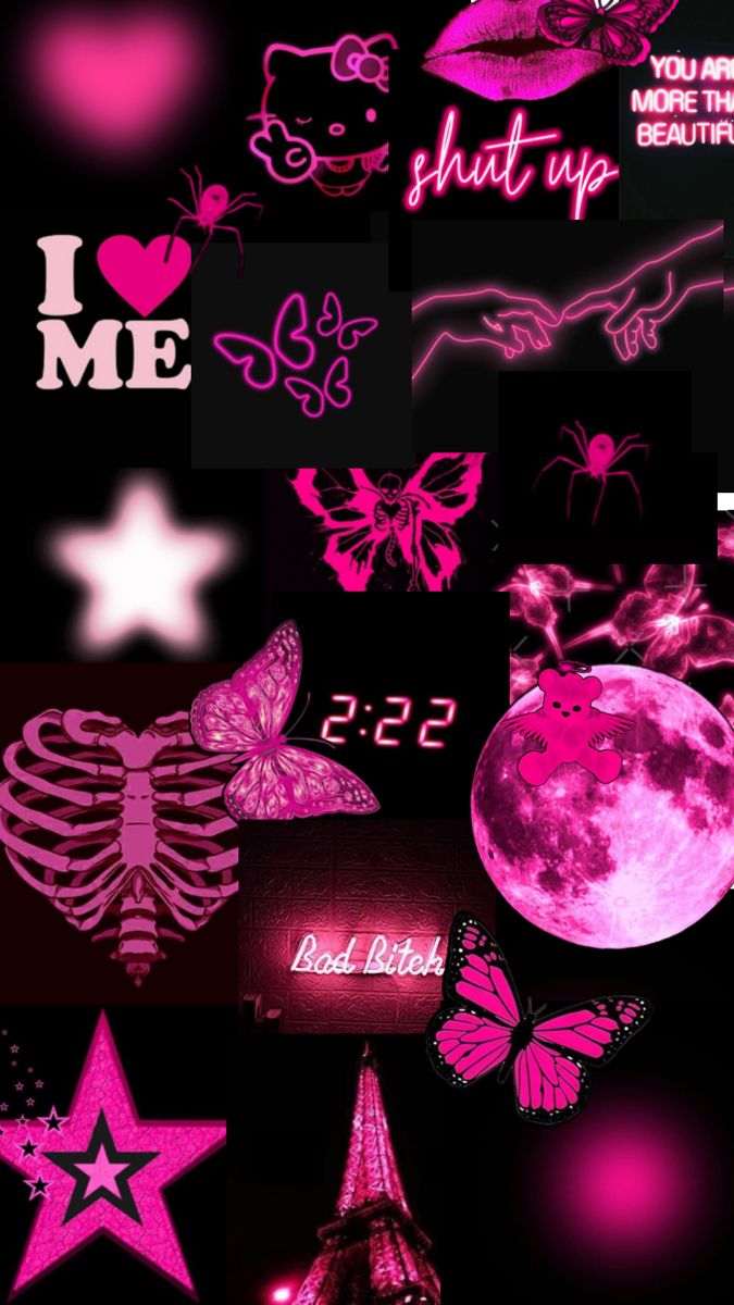 pink and black wallpaper with various images on it, including the words i love me