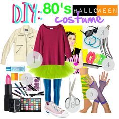 a collage of clothes and accessories with the words diy 80's halloween costume