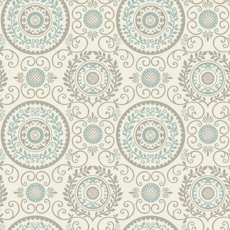 a white and blue wallpaper with an ornate design