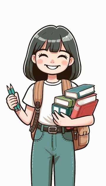 a girl holding books and a pen in her hand