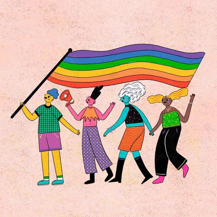 four people holding a rainbow flag on a pink background