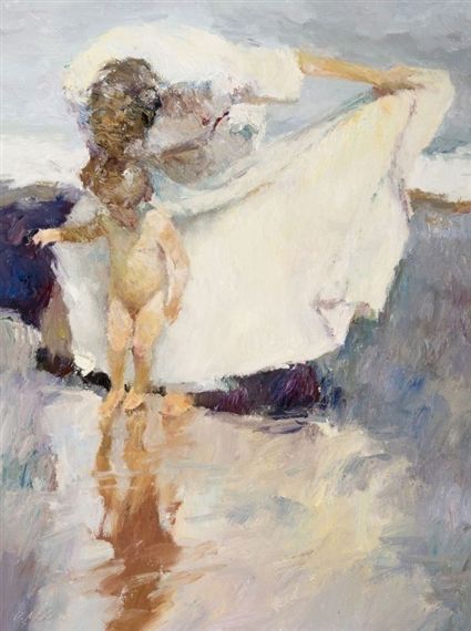 a painting of a woman walking in the water with a white sheet on her back