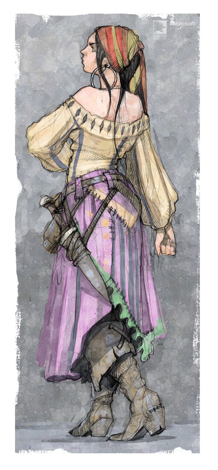 a drawing of a woman dressed in medieval clothing