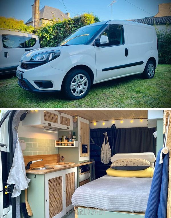 the interior and exterior of a camper van with its bed pulled up to it's side