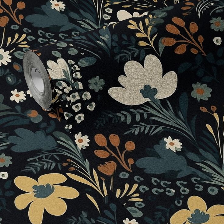 a black floral wallpaper with white and yellow flowers on the bottom half of it