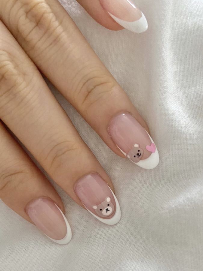 Teddy Bear French Tip Nails, Bear French Tip Nails, Korean Almond Nails Designs, White Natural Nails With Designs, French Tip Nail Aesthetic, Saranghoes Nails, Softie Nails, Pink Bear Nails, Bear Nails Acrylic