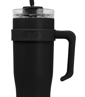 a black coffee cup with a handle and lid