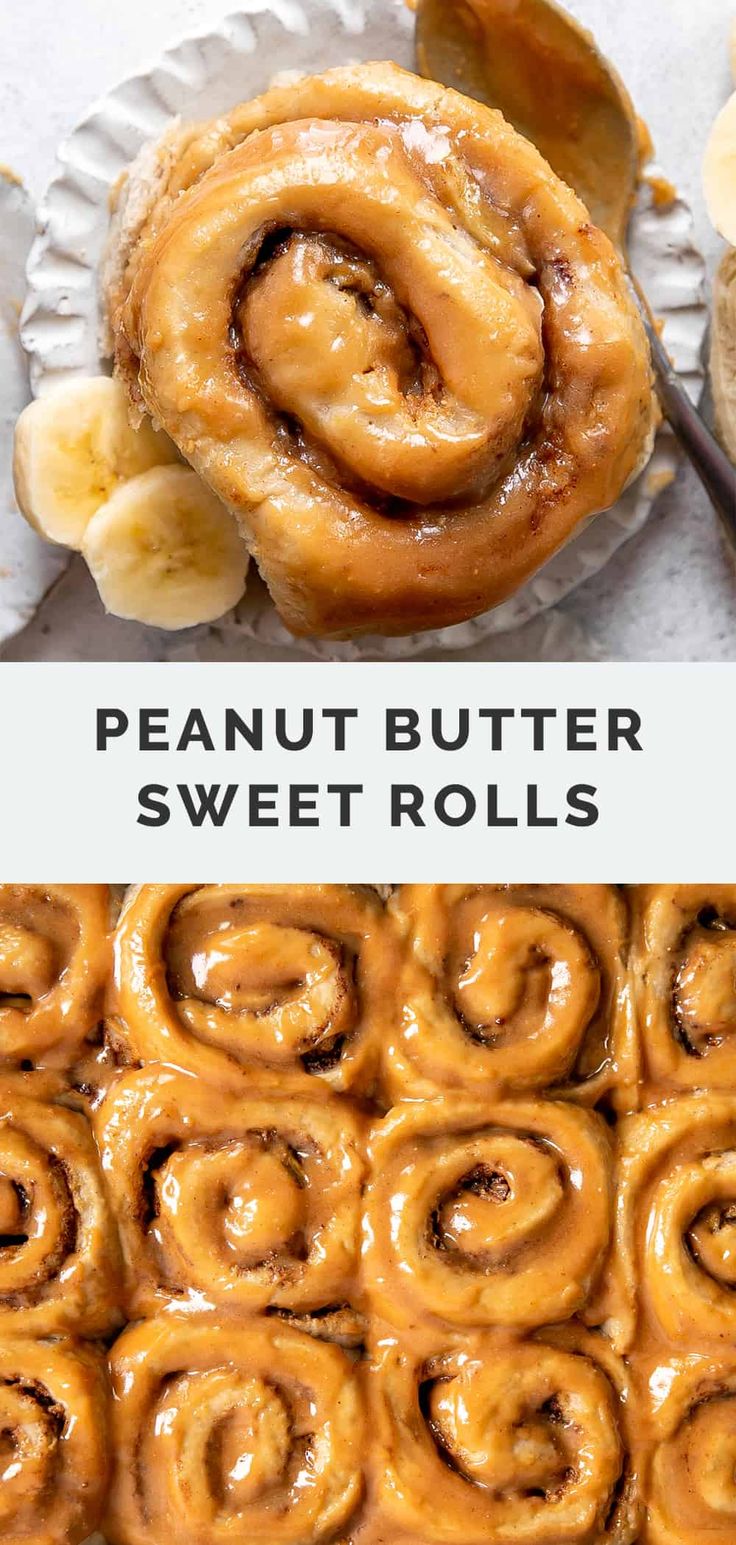 peanut butter sweet rolls on a white plate with the title above it and an image of some