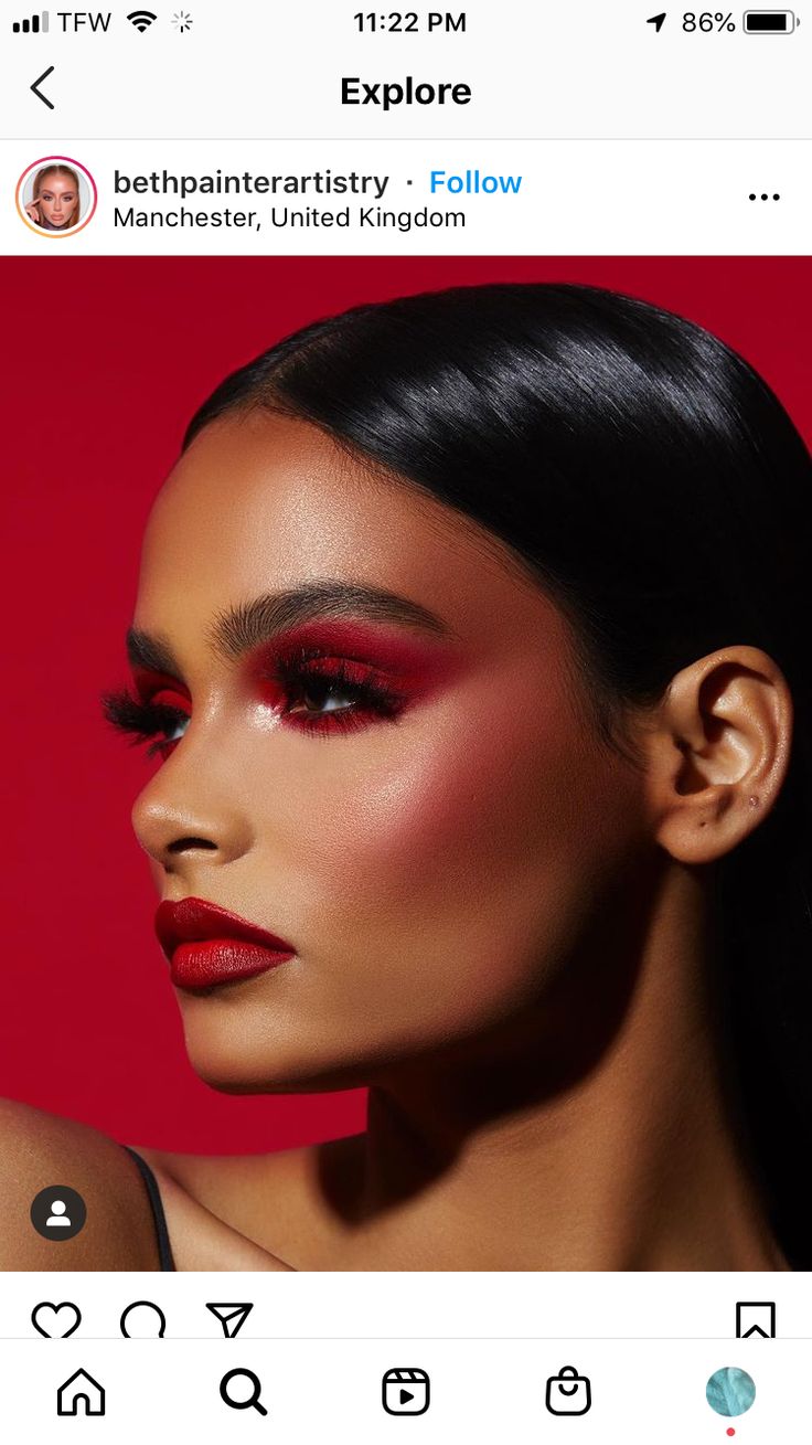 Red Sultry Makeup, All Red Makeup Looks, Red Contour Makeup, Sultry Valentines Day Makeup, Red Inspired Makeup, Peppermint Makeup Look, Runway Makeup Looks 2023, Editorial Runway Makeup, Creative Valentines Makeup