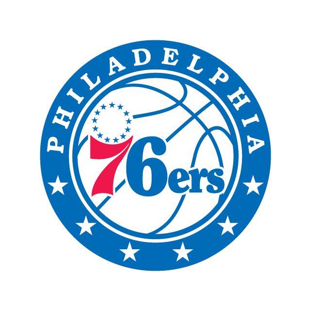 the philadelphia 76ers logo is shown in blue and red, with stars on it