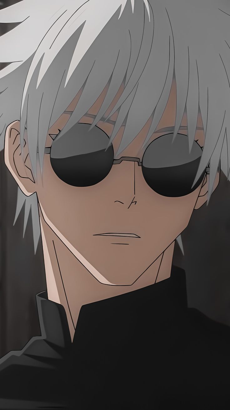 an anime character with white hair and sunglasses looking at the camera while wearing black eyeglasses