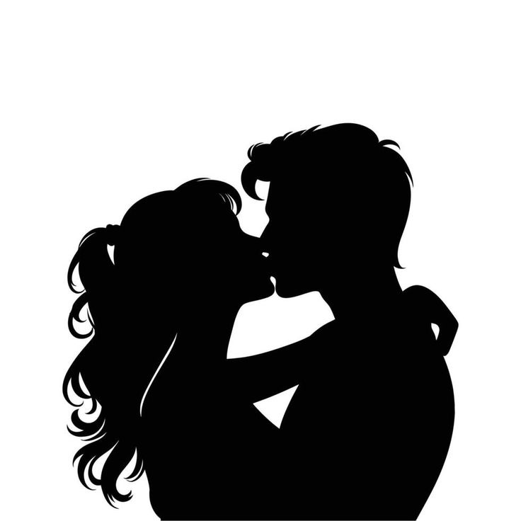 a man and woman kissing in silhouette against a white background