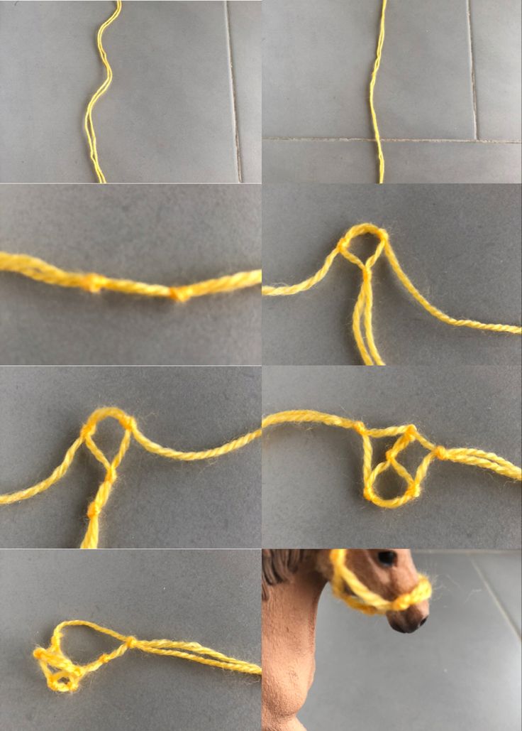 four pictures showing how to tie a horse's tail with yellow yarn on it