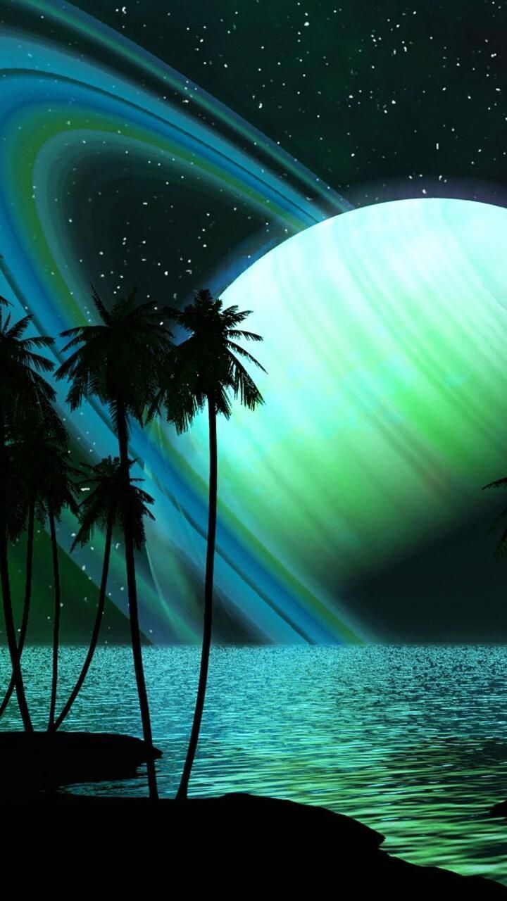 two palm trees are in front of an image of the planet