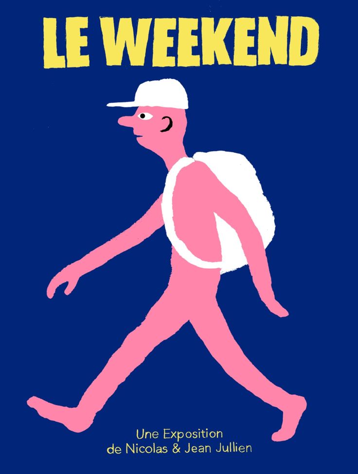 the cover of le weekend, featuring a man in pink and white walking across a blue background