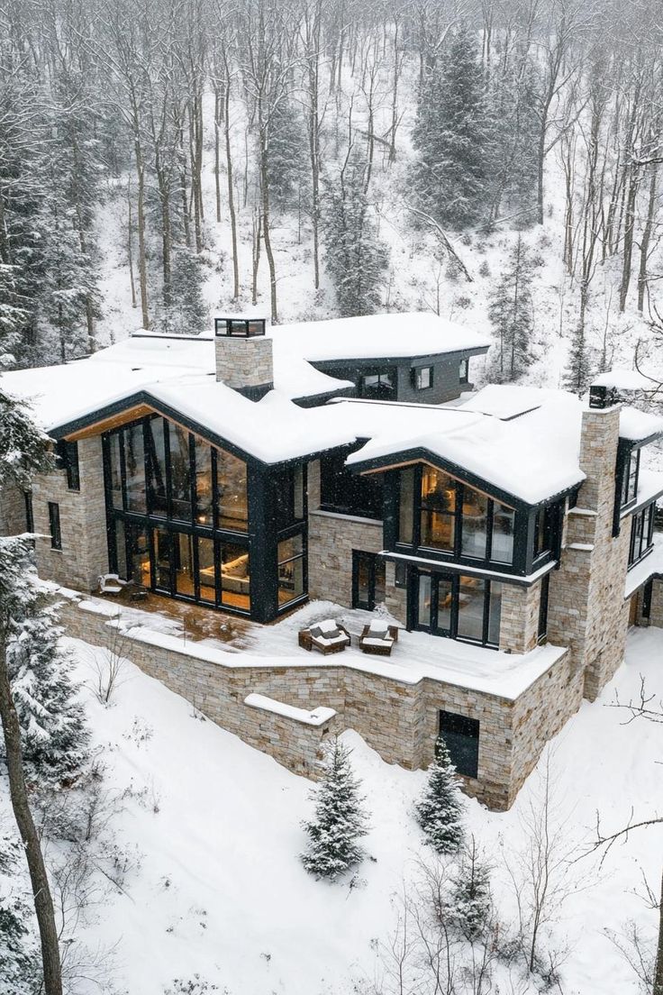 an aerial view of a home in the woods with snow on the ground and trees around it