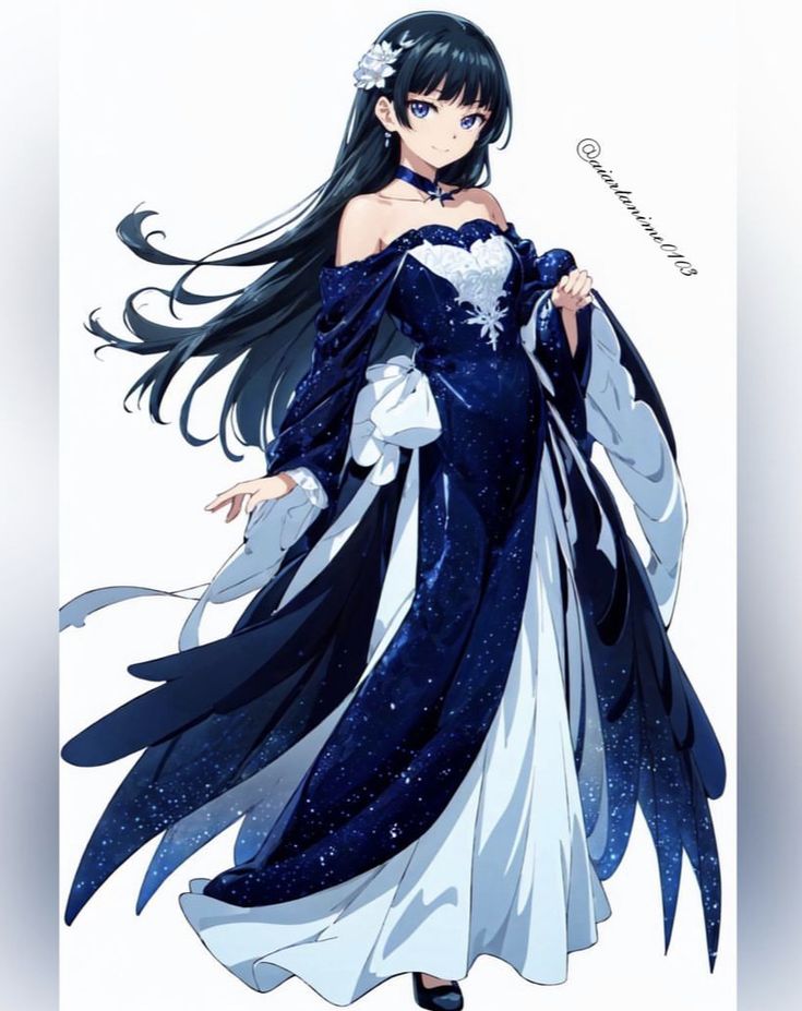 an anime character with long black hair wearing a blue and white dress, standing in front of a white background