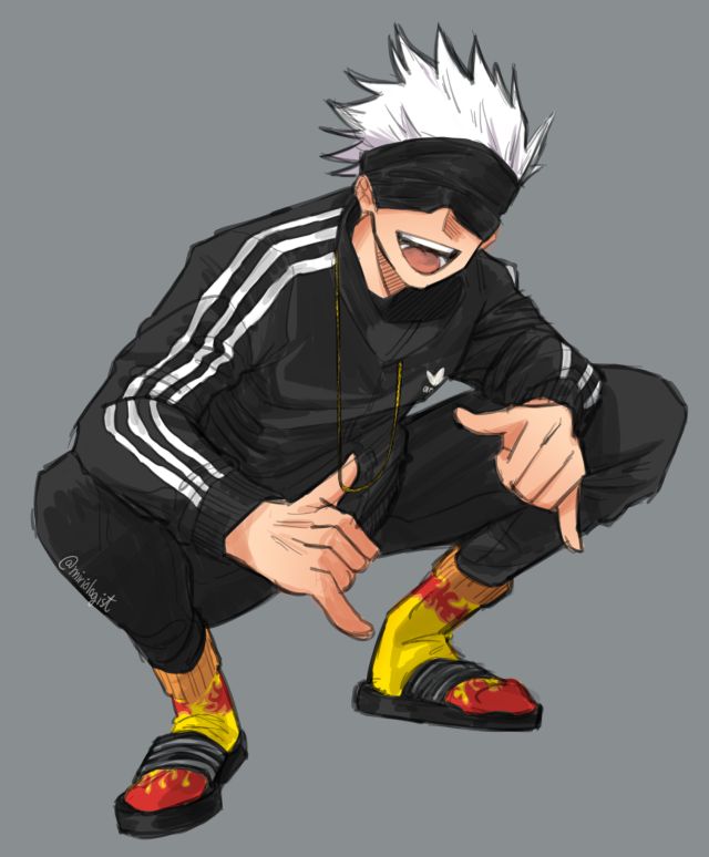 a drawing of a man with white hair and yellow shoes, pointing to the side