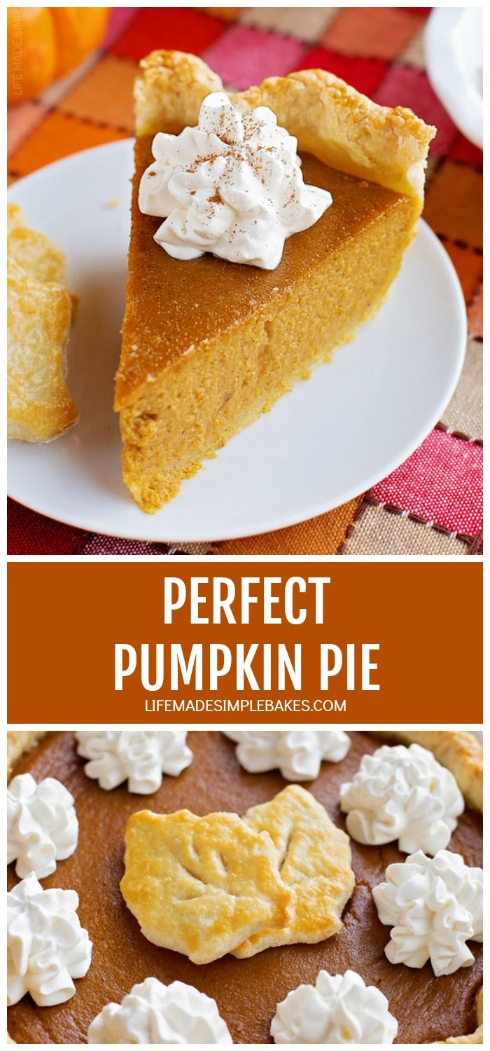 pumpkin pie with whipped cream on top and the words perfect pumpkin pie above it in two different pictures