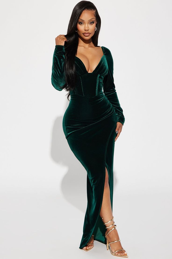 Phiona Velvet Maxi Dress - Hunter Winter Formal Dresses Long Sleeve, Green Velvet Dress Long, Velvet Maxi Dress Long Sleeve, Wedding Guest Dress Long Sleeve, Green Club Dress, Winter Formal Dresses Long, Holiday Dresses Classy, Winter Ball Dresses, Green Holiday Dress