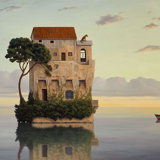 a painting of a house on an island with a boat in the water