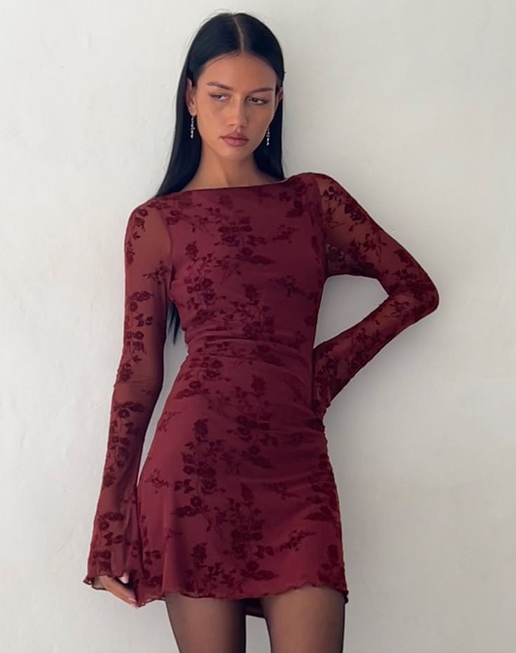 Botanical Flower Maroon Mini Dress | Sevila – motelrocks-com-us Red Print Hoco Dress, Cheap Floral Print Holiday Dress, Party Dresses Fall Colors, Cute Red Dresses Medium, Cheap Elegant Mini Dress For Fall, Fall Party Dresses 2022, Winter Party Dresses Lace, Cheap Burgundy Dress For Night Out, Long Sleeve Starstruck Dress