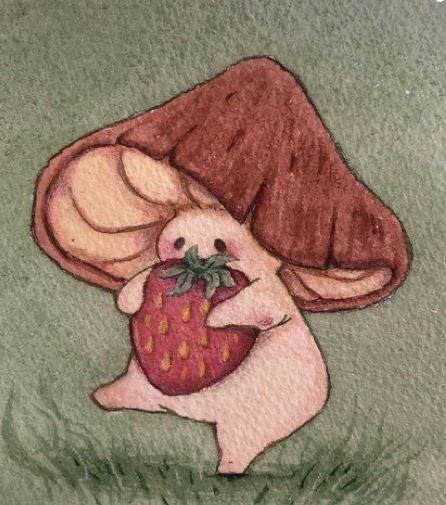 a drawing of a bunny holding a strawberry under a mushroom on the ground with grass