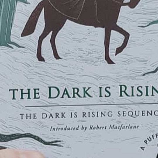 the dark is rising book cover with an image of a horse and rider on it