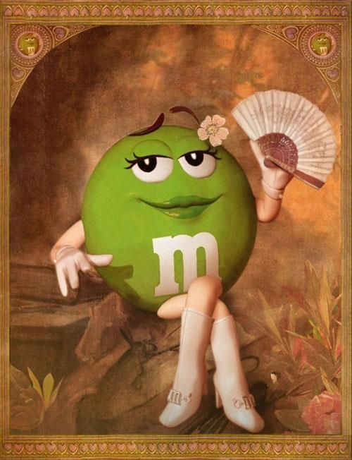 a painting of a woman holding a fan and green apple with the letter m on it