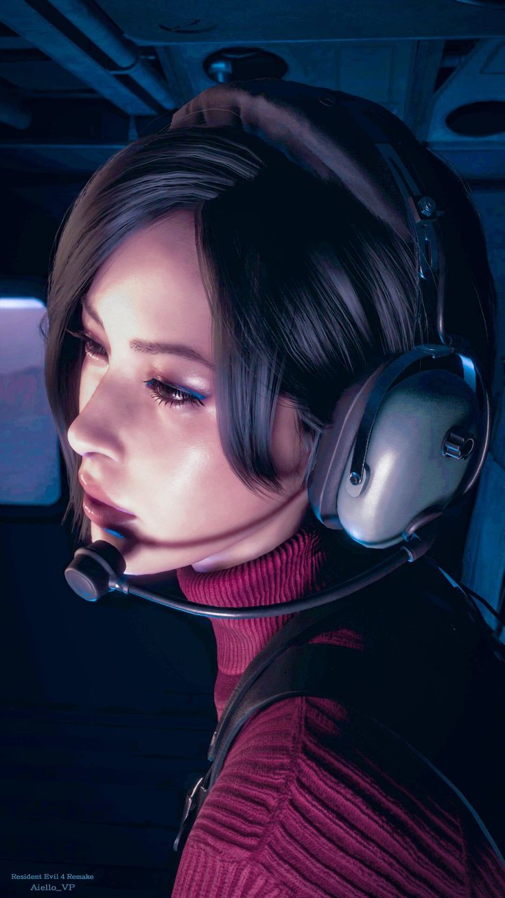 a woman wearing a headset and looking off into the distance