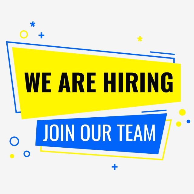 we are hiring join our team sign with blue and yellow banner over it that says, we are hiring join our team