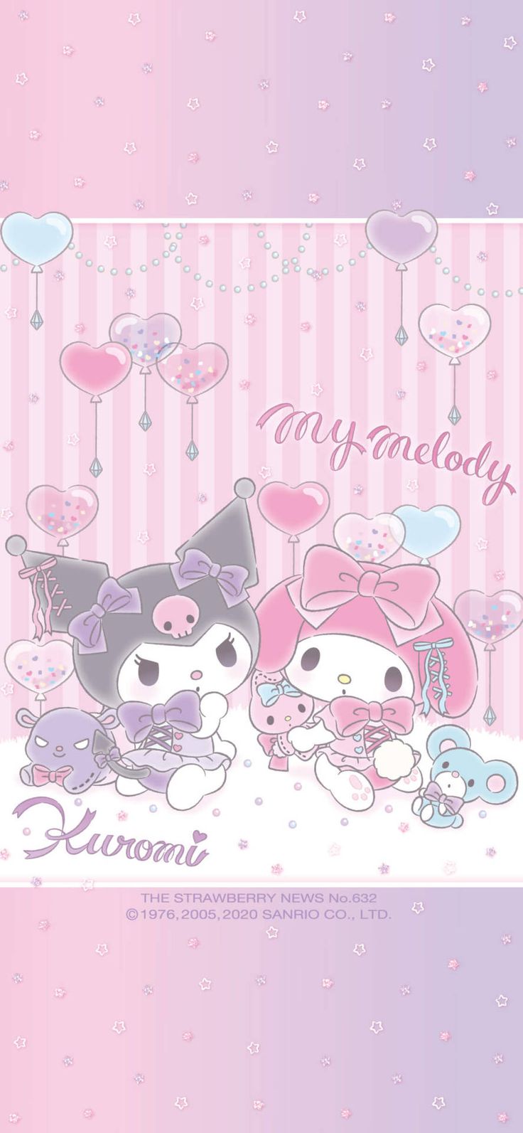 two hello kitty wallpapers with balloons and hearts on the background, one is pink