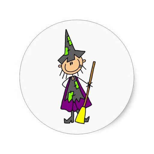 a sticker with a cartoon witch holding a broom