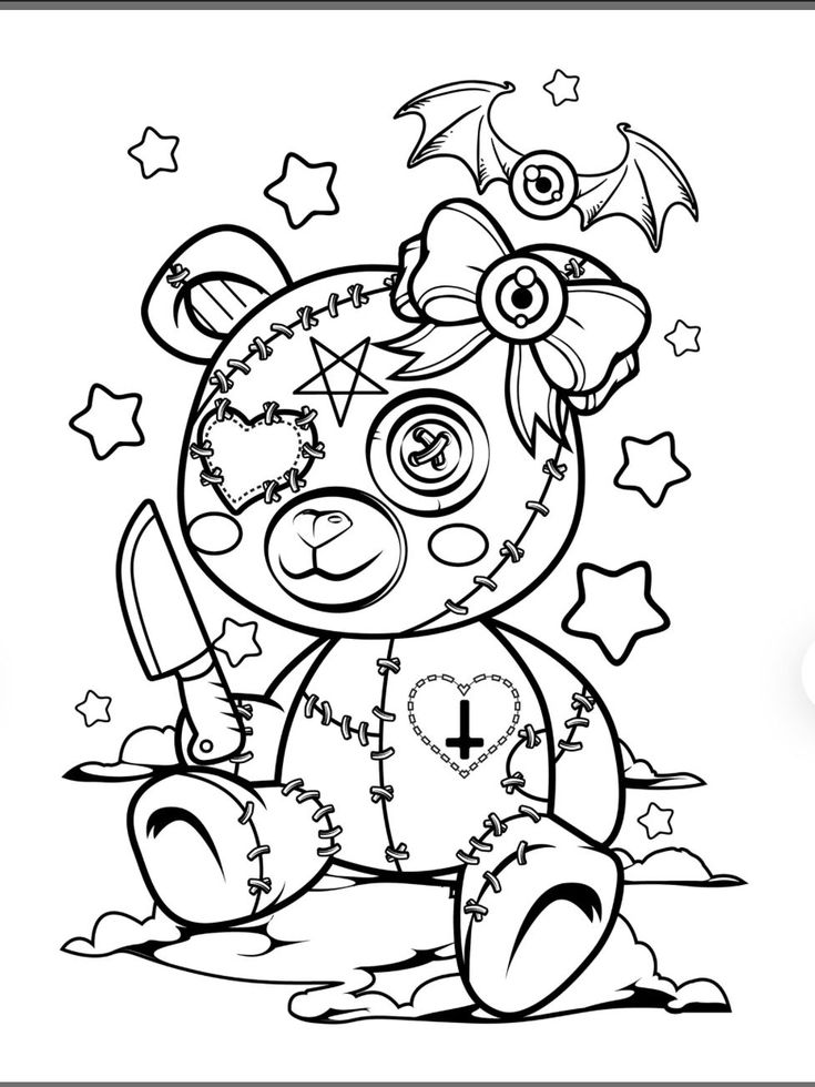 a black and white drawing of a teddy bear with stars on it's head