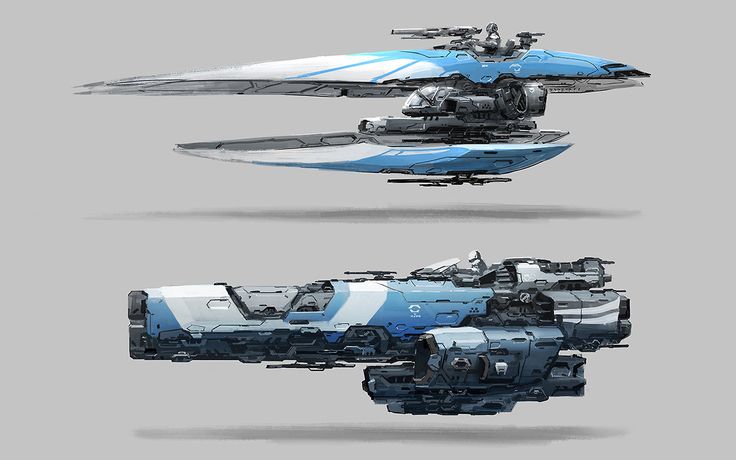 three different views of a space ship in blue and white colors, each with its own engine