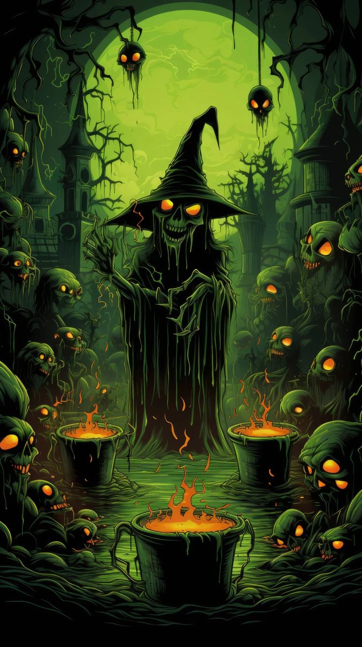 Cauldrons, witches, looping strings. Psychedelic vector art, contemporary graffiti art, charcoal blacks, toxic greens, looping strings, cauldron brews, witch hats, spellbinding background, Halloween background. --ar 9:16 Witches And Cauldron, Cauldron Art, Ethereal Realm, Background Halloween, Halloween Things, Halloween Scarecrow, Halloween Facts, Halloween Background, Art Charcoal