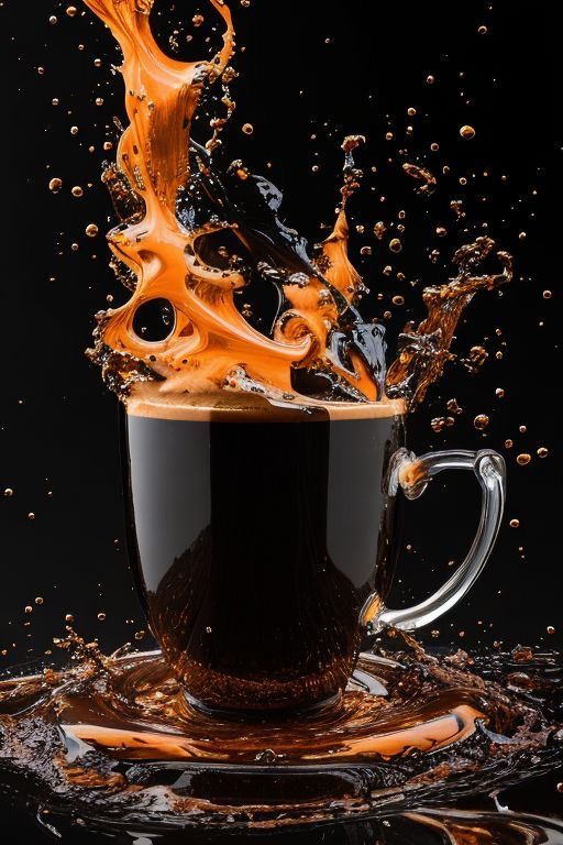 an orange liquid splashing out of a black coffee cup into the water on a black background