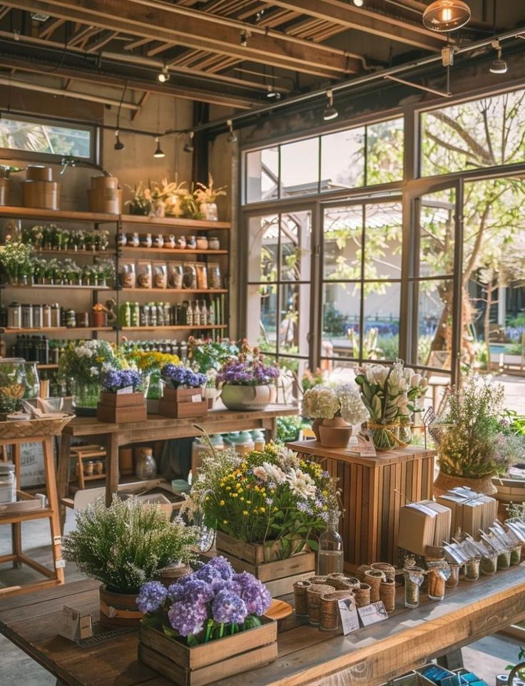 a room filled with lots of different types of flowers and plants on shelves next to windows