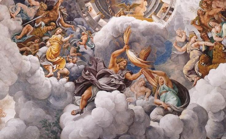 the painting depicts many different people in clouds