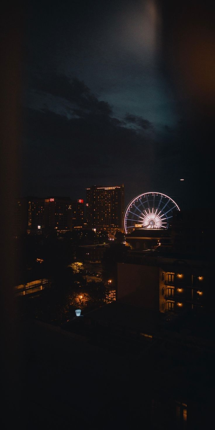 the ferris wheel is lit up in the dark night sky over city lights and skyscrapers