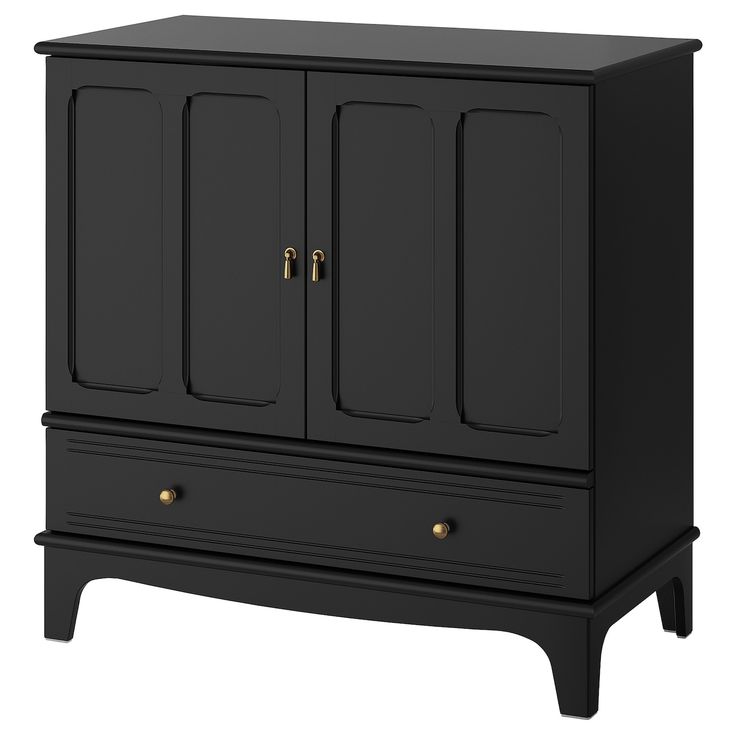 a black cabinet with two doors and drawers