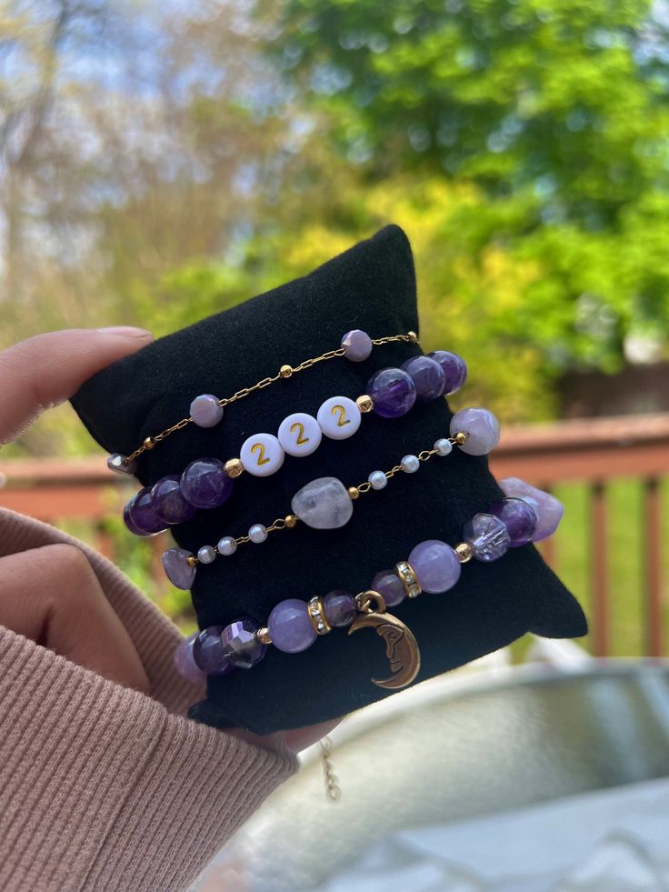 Spiritual Amethyst Bead Jewelry, Spiritual Beaded Amethyst Jewelry, Crystal Bracelet Ideas, Adjustable Spiritual Amethyst Bracelet, Spiritual Beaded Amethyst Bracelet, Purple Crystal Bracelet For Friendship, Spiritual Style, Lavender Bracelet, Moon Angel, Charm Bead Bracelet