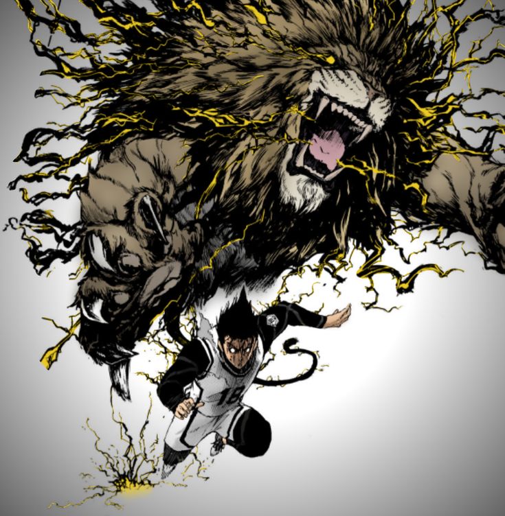 an image of a lion attacking a man with his hands on his hips and one hand in the air