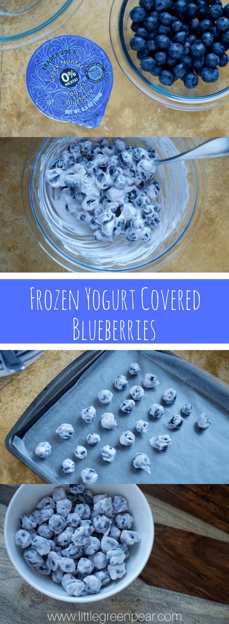 frozen yogurt covered blueberries in a glass bowl and on a wooden table