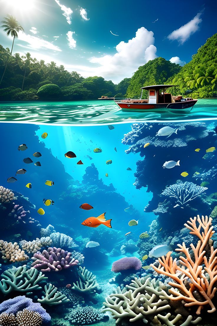 an underwater scene with corals and tropical fish in the foreground, including a boat