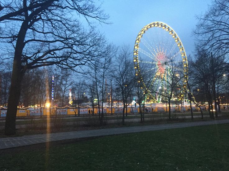 the ferris wheel is lit up at night in the distance, with trees and buildings behind it