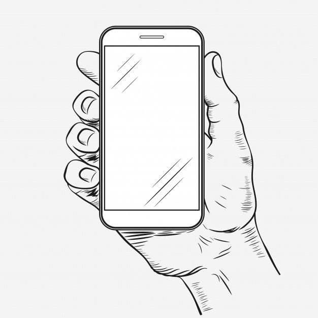 a hand holding a smart phone with a blank screen in the palm, black and white