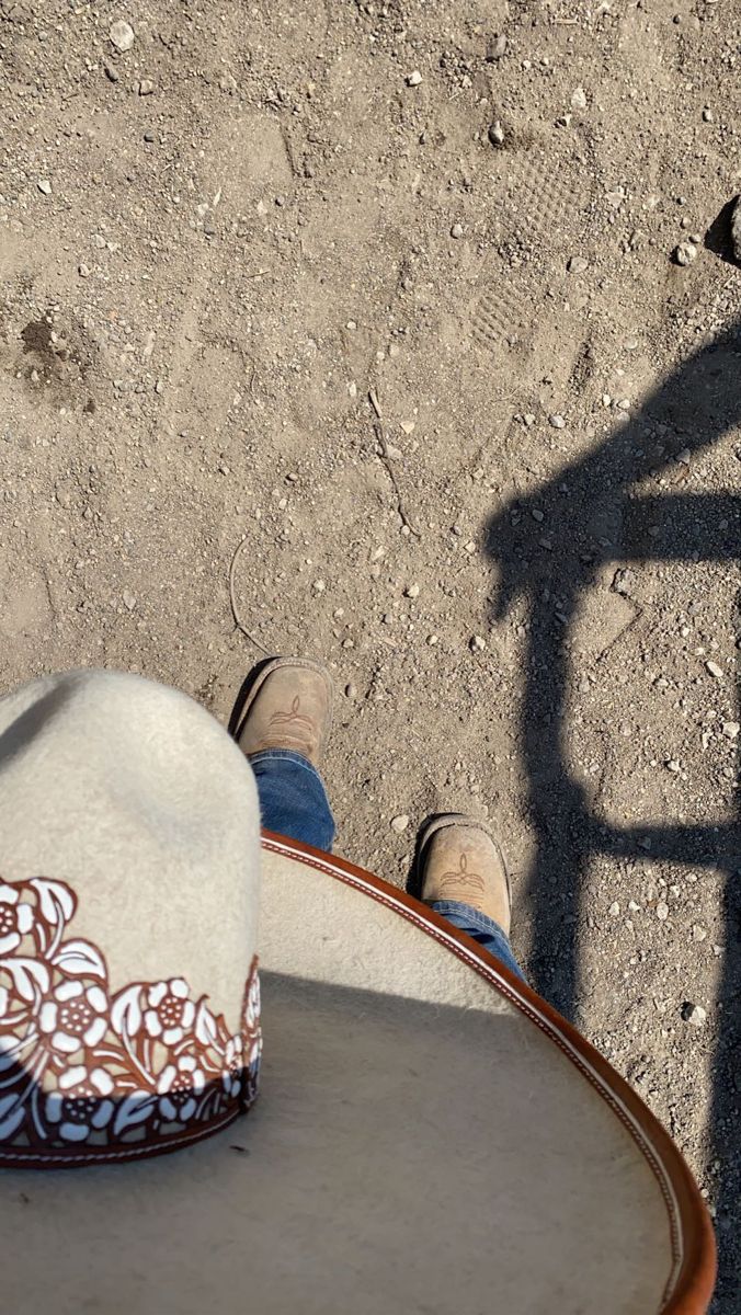 the shadow of a person's hat on top of a chair in the dirt